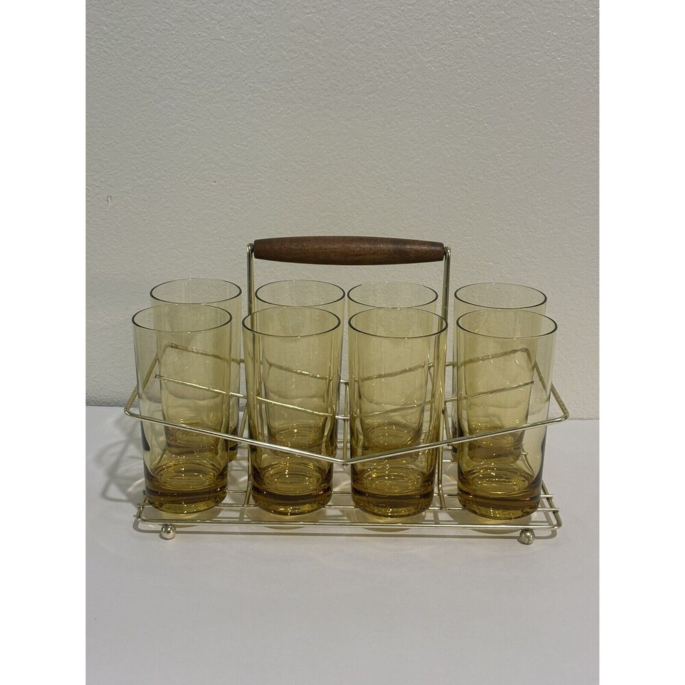Vintage MCM Amber 12 OZ. Drinking Glasses and Gold Tone Caddy - MINT condition